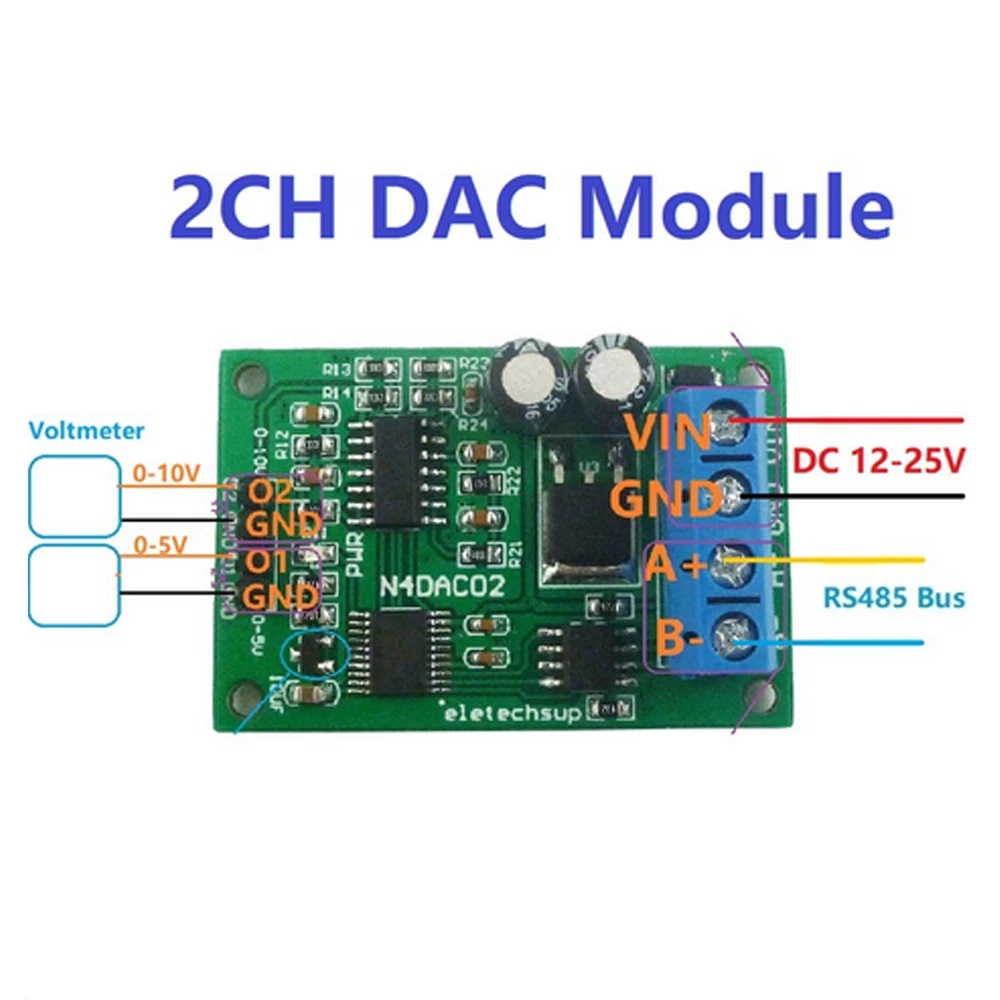 DC 12V RS485 to 0-5V 0-10V Voltage Signal Generator 2CH PWM DAC Converter Module Modbus RTU for PLC Measuring Instruments