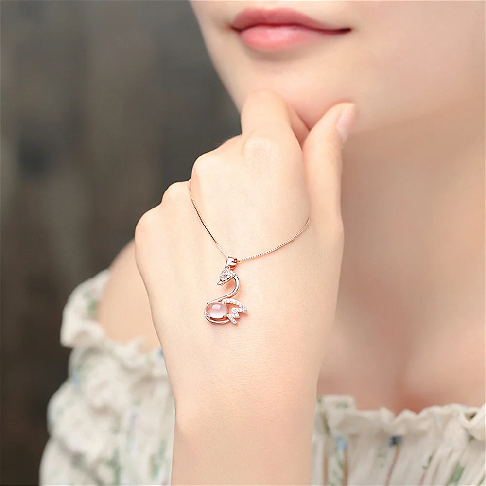 Fashion elegant swan pink crystal zircon diamonds pendant necklaces for women 14k rose gold color jewelry choker bijoux gifts