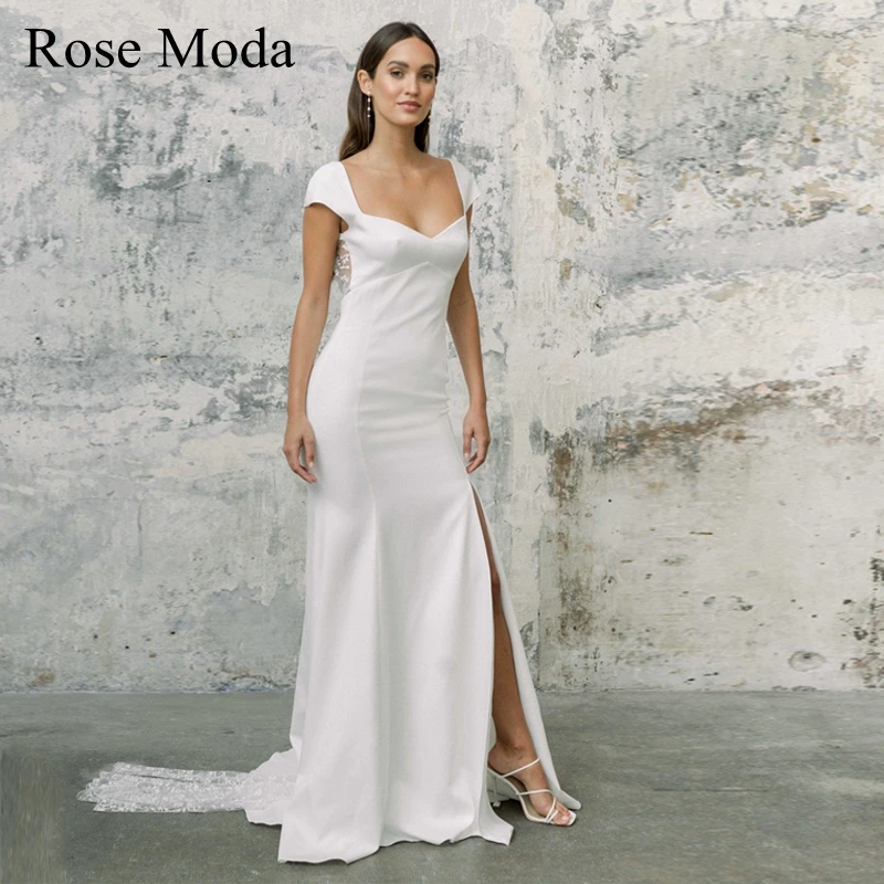 Rose Moda Cap Sleeves Backless Beach Wedding Dress with Slit Destination Bridal Gown