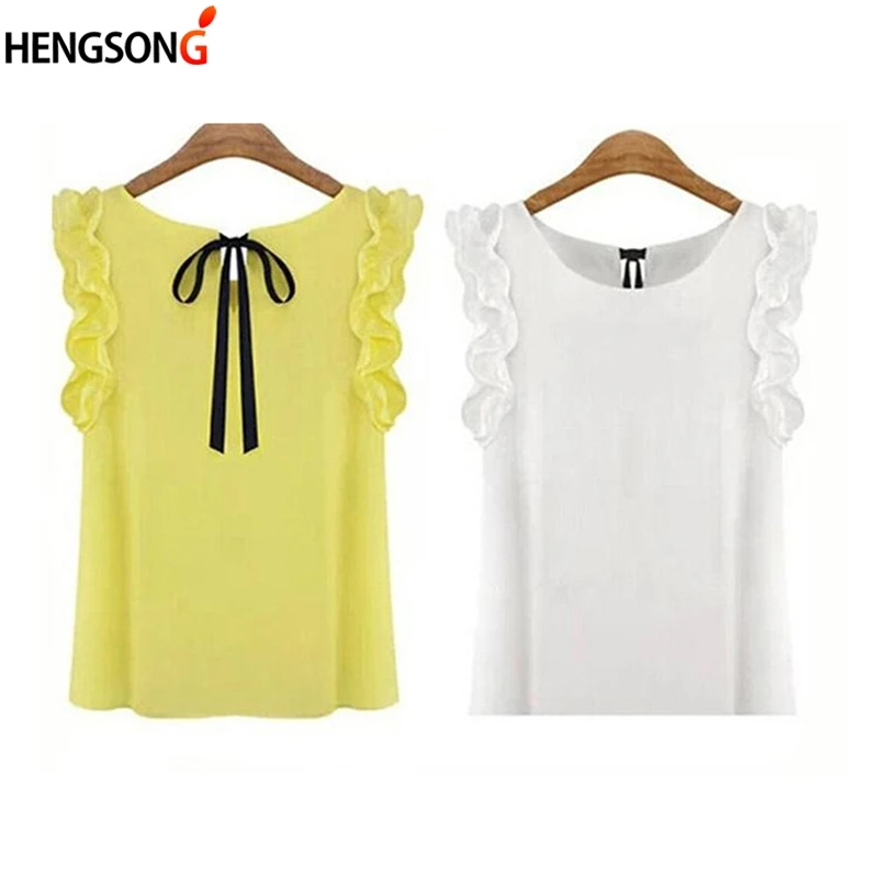 Women Blouse Tops Summer Fashion Lotus Leaf O-Neck Casual Shirt Ladies Bow Tie Chiffon Blouse White Tops 2023 New Women\'s Shirt