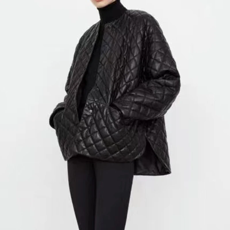 Veste en cuir véritable pour femme, manteau court brodé de diamants, col rond simple, vêtements d'hiver pour femme, 2023