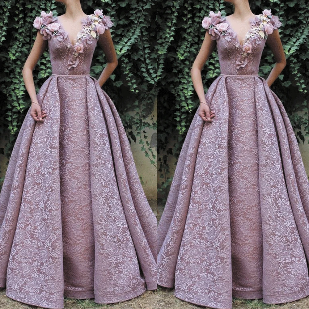 SuperKimJo 3D Flowers Prom Dresses Long Lace Applique Dusty Pink V Neck Sleeveless Elegant Prom Gown Vestido De Fiesta