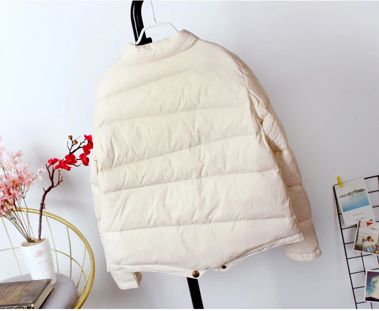 Schinteon Women White Duck Down Jacket Baseball Coat Casual Autumn Winter Short Outwear for Female Fashion