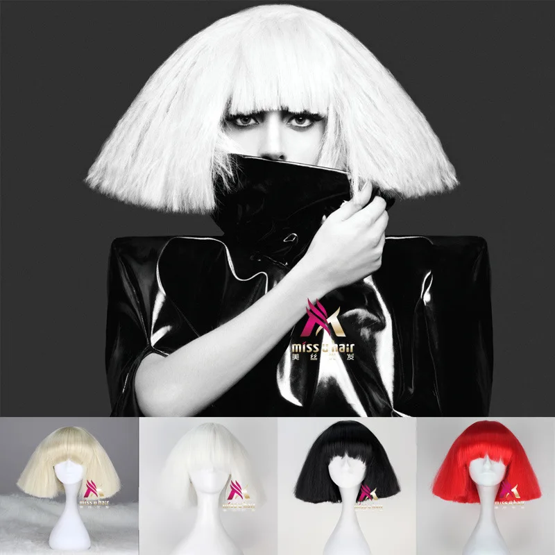 Lady Gaga Wig Black Blonde White Synthetic Hair Cosplay Wig Halloween Party Costume Wigs +wig cap