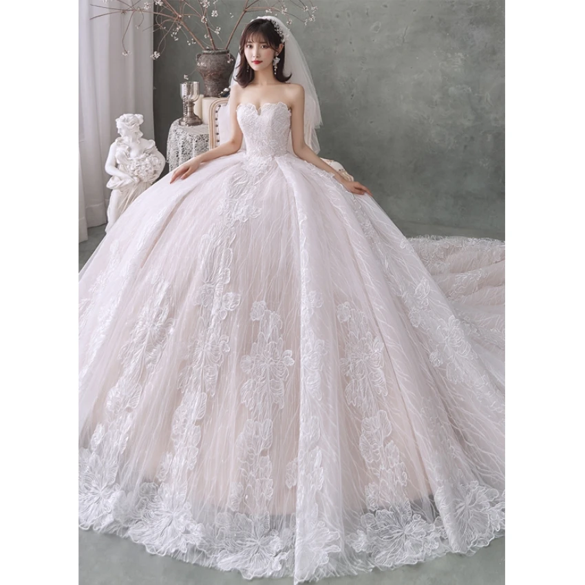 Lace Wedding Dresses Strapless Bridal Gowns Vestido De Novia Illusion Lace Tulle Pink Ball Gown Robe de Mariage Real Photos 2021