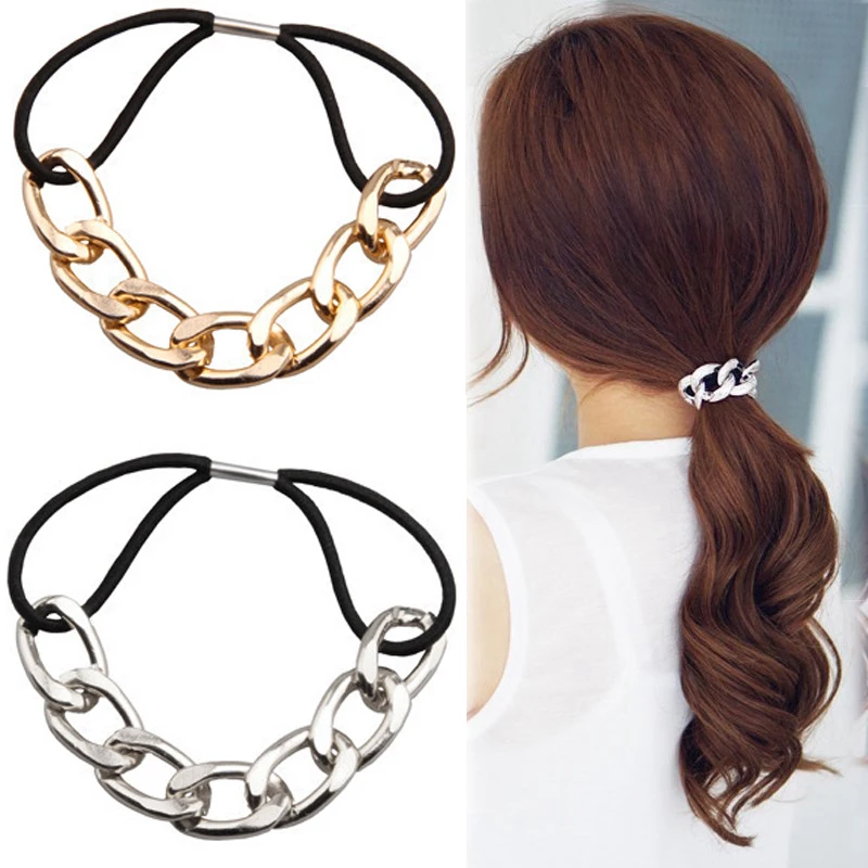 Punk Style Hair Accessories Women Girls Metal Circle  Elastic Hair Band Rubber Vintage Chain Ponytail Acrylic Hair Rope Scrunchy