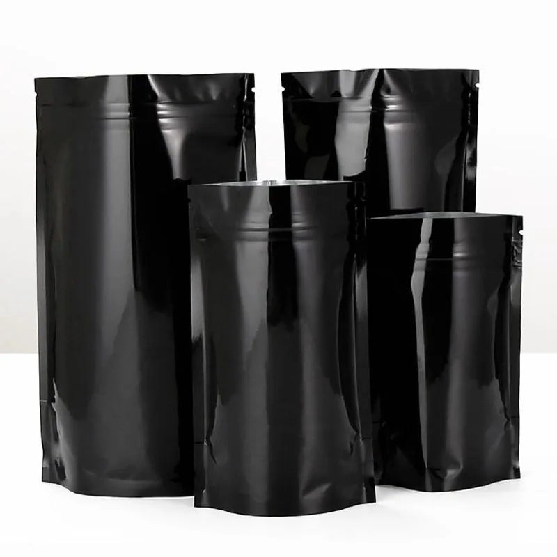 100Pcs Stand Up Black Printing Ziper Lock Gift Packing Bags Glossy Mylar Foil Pouches Flat Bottom Power Aluminum Packaging Bag