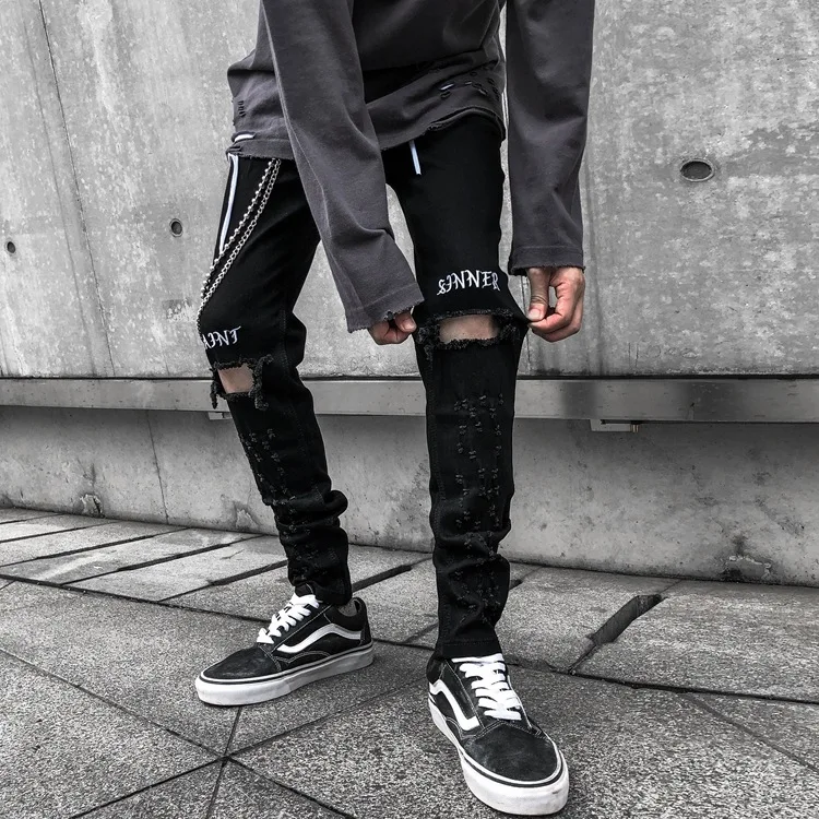 QIWN High Street Jeans Knee Hole Jeans Men's Black Embroidered Stretch Slim Slim Pants Denim Jeans  Men Skinny Jeans