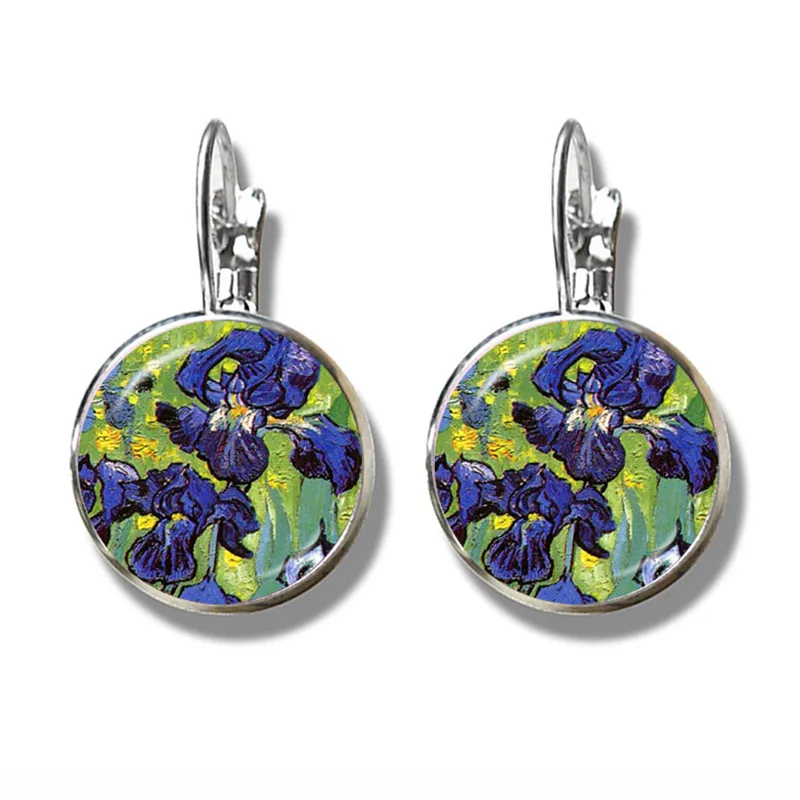Retro Van Gogh Art Starry Night Sunflower Stud Earrings 16mm Glass Cabochon Dome Silver-plated Earrings Jewelry For Women Girls