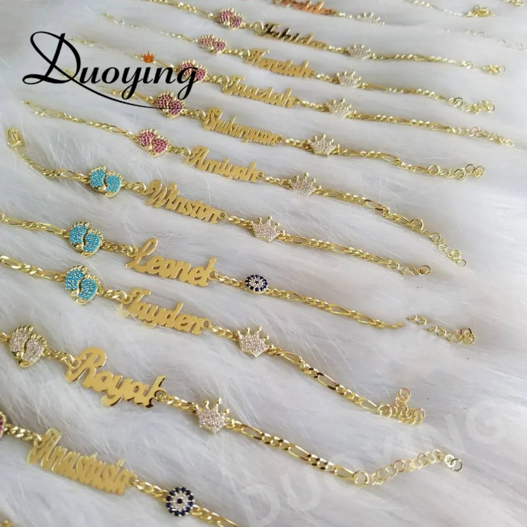 

DUOYING Custom Baby Name Necklaces Personlized Zircon Footprint Nameplate Bar Bracelet Letter Engraved Cute Brooch Pin Jewelry