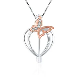 CLUCI Silver 925 Rose Gold Locket for Women Jewelry 925 Sterling Silver Heart Zircon Butterfly Pearl Cage Pendant SC364SB