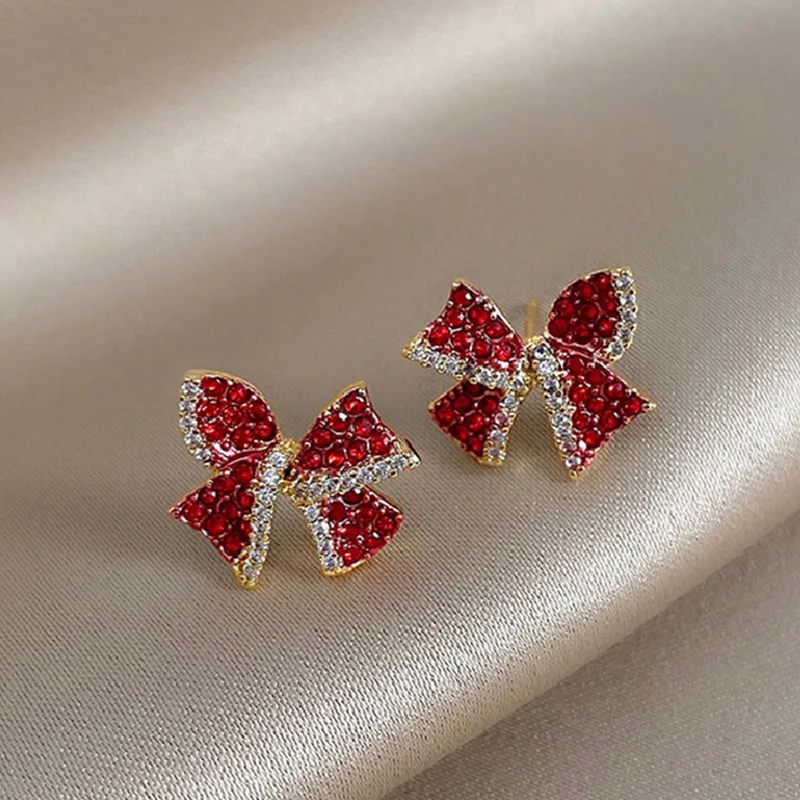 Pendientes de tuerca de lazo de cristal de circón rojo de Navidad para mujer, pendiente de lazo en forma de corazón, joyería de Festival de Año