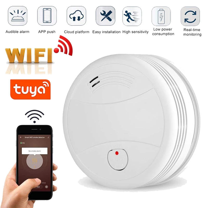 TuYa Wofea Detektor Asap WiFi Sistem Alarm Kebakaran Keamanan Rumah Tuya Sensor Asap Pintar Pesan Aplikasi Tekan 95db Suara Tidak Perlu Hub