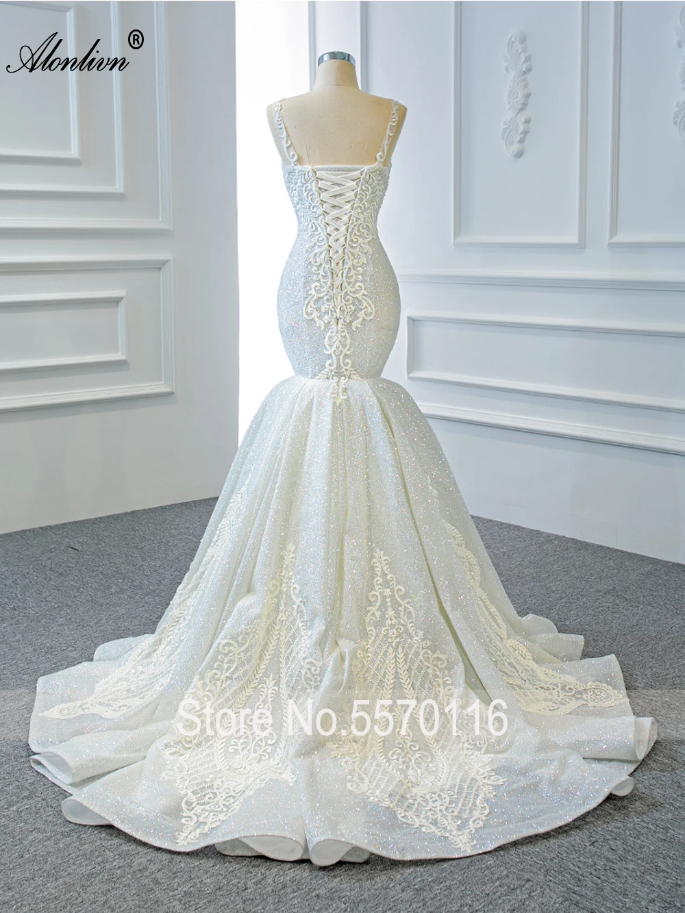 Alonlivn Elegant Glittler Beads Lace Of Mermaid Wedding Dress With V Neckline Sleeveless Empire Bridal Gowns