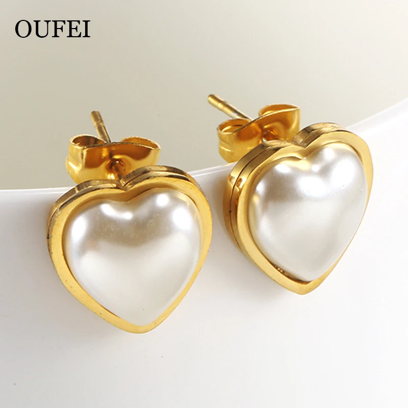 OUFEI Pearl Heart Charm Stud Earrings Stainless Steel Jewelry Women Vogue 2019 For Women Jewelry Earrings Accessories wholesale