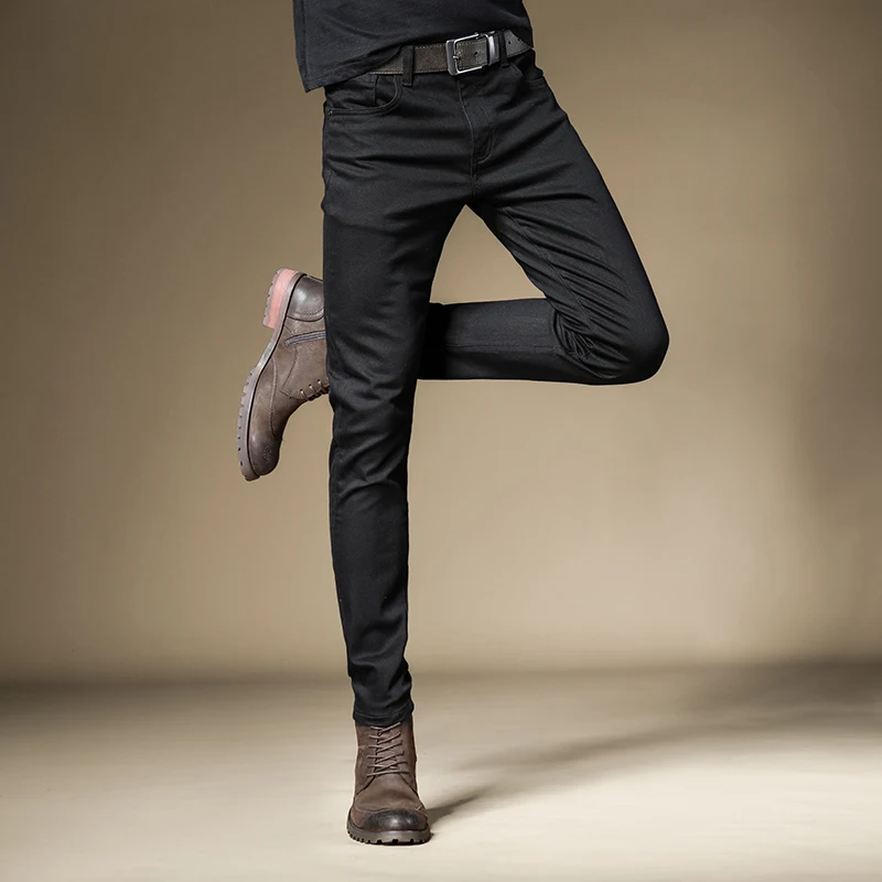Black Jeans Men Casual Stretch Slim Fit Pants Korean Style Solid Color Straight Denim Trousers