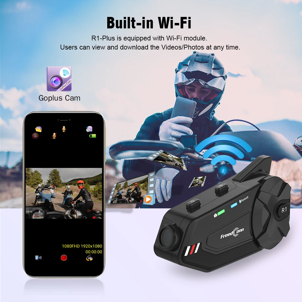 FreedConn R1 Plus Motorcycle 1000M 6 Riders Bluetooth Group Intercom Helmet Headset Headphone WiFi Video Recorder Ear Interphone