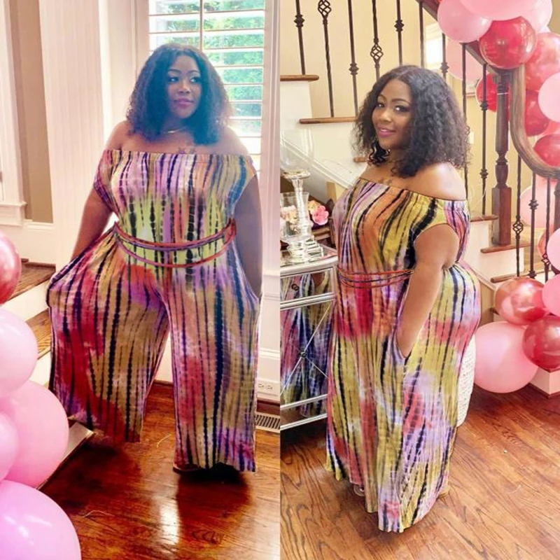 

Summer plus size casual jumpsuit 6XL 7XL 8XL new fashion sexy off-the-shoulder rainbow striped high-elastic jumpsuit.