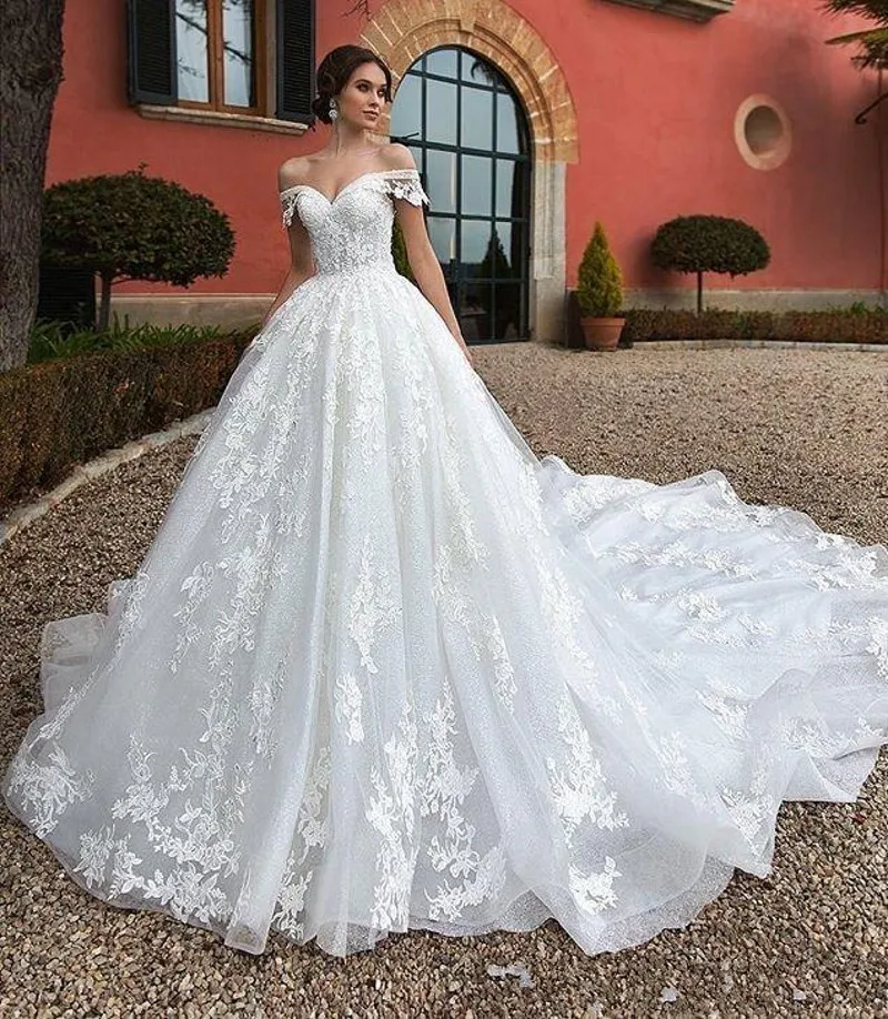 Vestidos de novia de línea A de encaje con hombros descubiertos de princesa modesta, vestidos de novia con apliques, vestidos de novia de talla grande