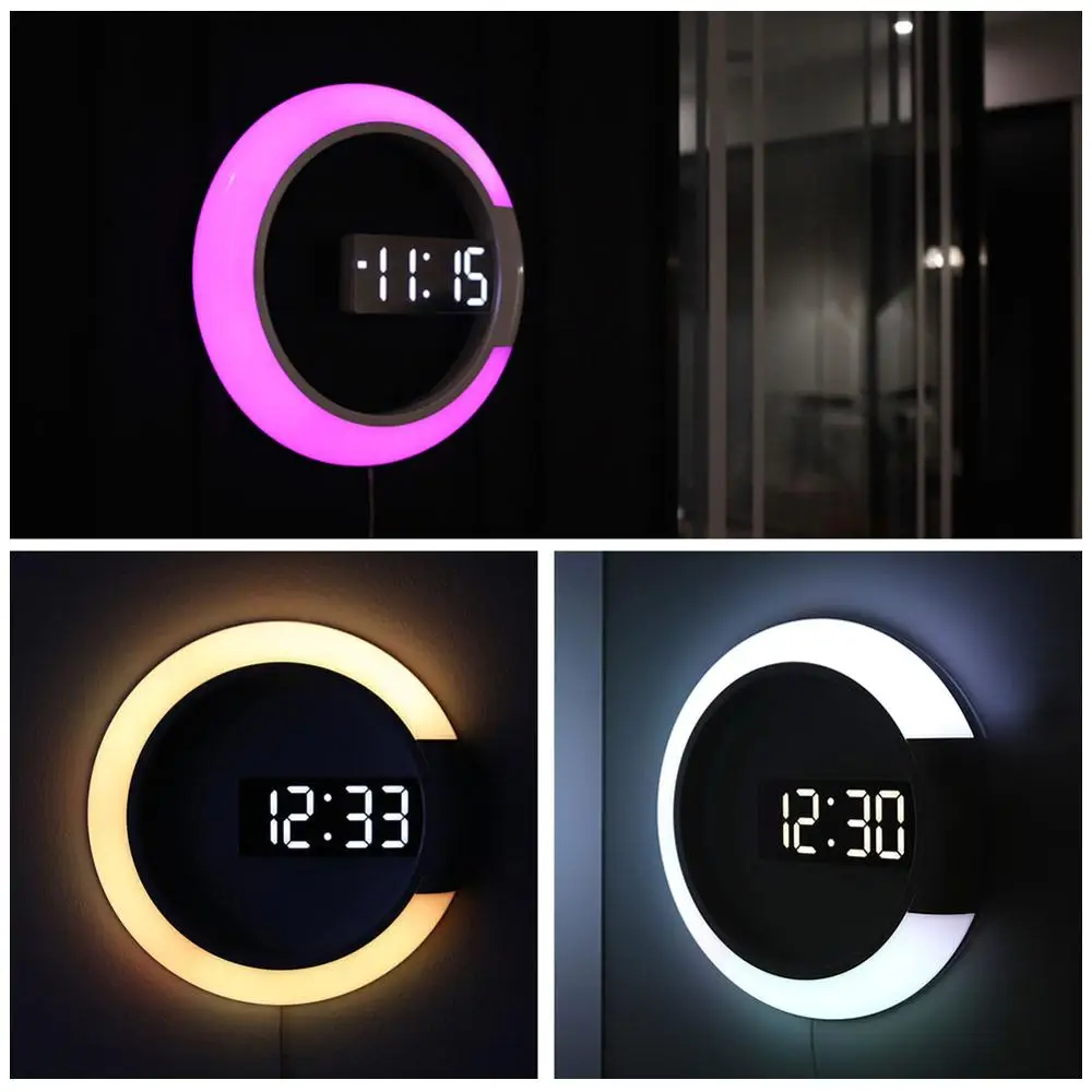 RGB LED Wall Light Digital Clock Alarm Mirror Hollow Wall Clock Bedroom Atmosphere Night Light for Home Living Room Decor Lights