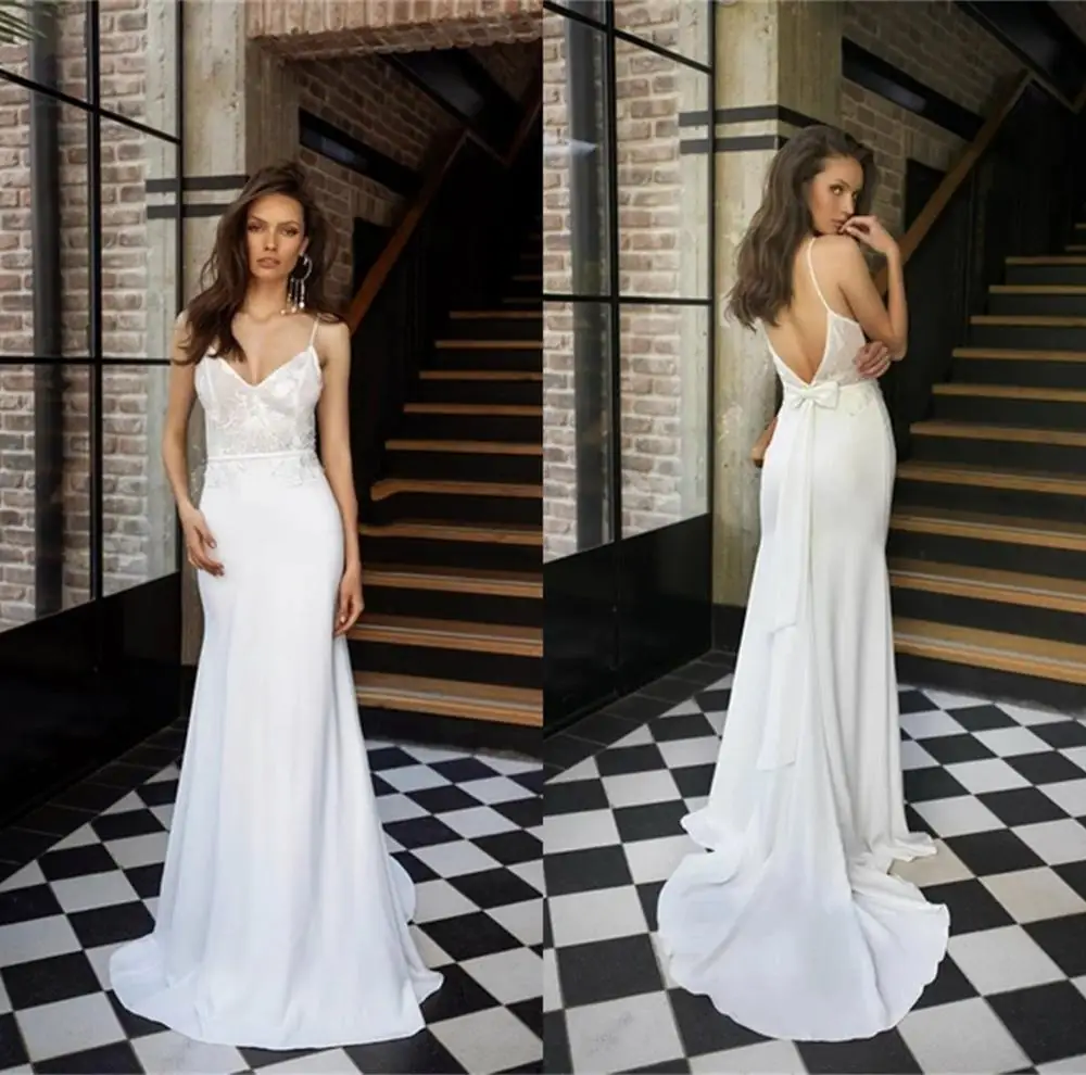 Simply Satin Mermaid Wedding Dresses 2020 V Neck Lace Appliques Bridal Gowns Backless Sweep Train Wedding Dress vestidos de novi