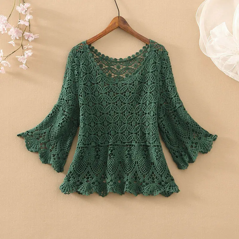 2023 spring and summer fashion new temperament casual outer wear short loose openwork sweater women Western style all-match