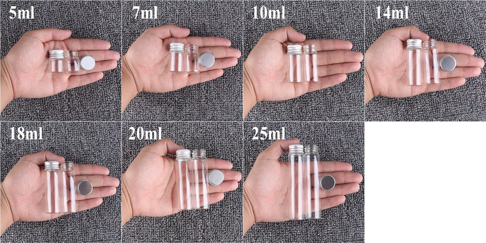 24 pieces/lot 5ml 7ml 10ml 14ml 18ml 20ml 25ml 30ml Glass Bottles with Aluminum Caps Empty Perfume Candy Jars for Art DIY Crafts