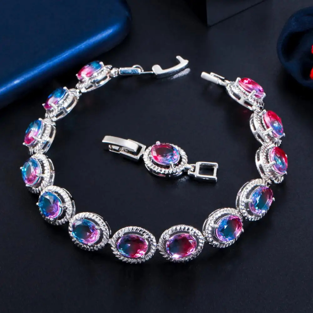 ThreeGraces Mystic Rainbow Cubic Zirconia Stone Silver Color Big Colorful Oval Link Chain Bracelets for Women Party Gift BR320