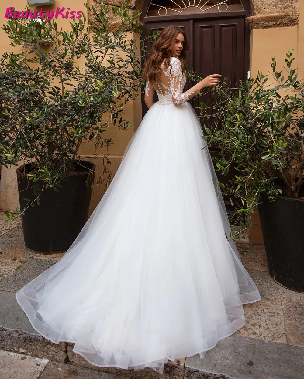 Splendido scollo a V maniche lunghe abito da sposa elegante gonfio tulle a-line appliques principessa abiti da sposa abiti da sposa 2023