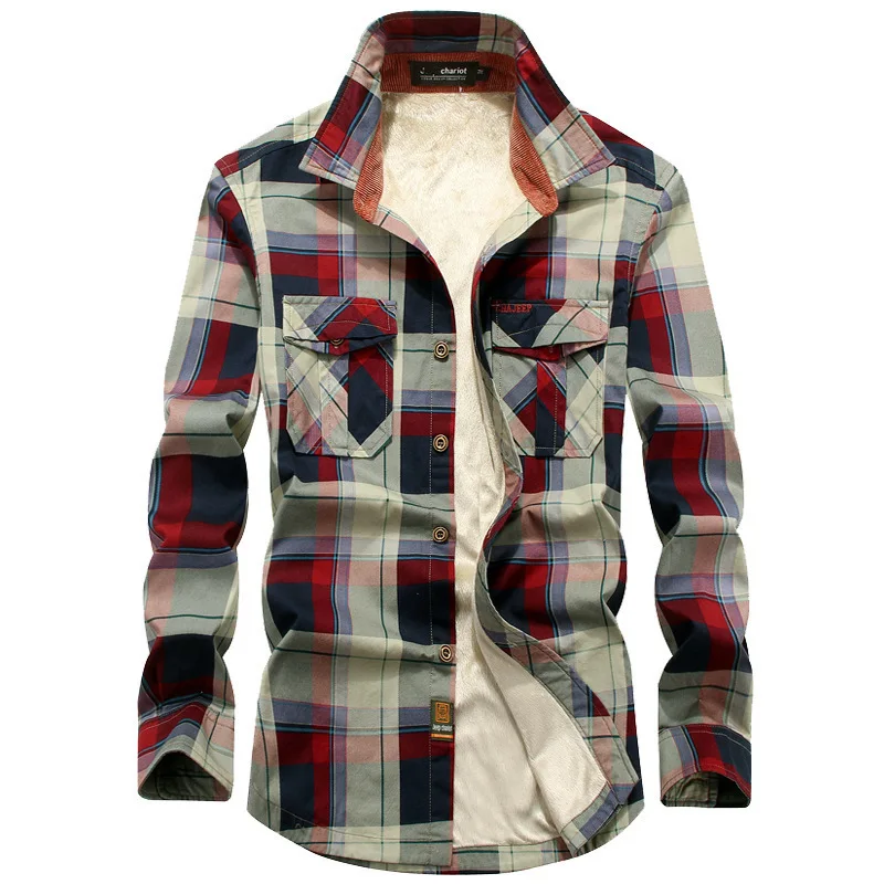 Top Quality Fashion Winter Plaid Shirt Men Warm Fleece Lined Long Sleeve Men's Shirts 4XL Male Casual Shirt Outwear  MY160