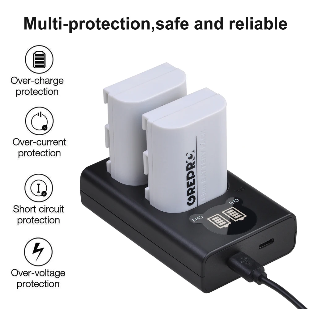 Carregador de bateria lp e6, 2650mah, com porta tipo c, para canon eos, 5ds, r, 5d, mark ii, 5d, mark iii, 6d, 7d, 60da