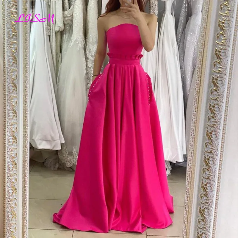 

Fuchsia A-Line Satin Prom Dresses Long Strapless Pleats Evening Gowns with Bead Pockets Women's Formal Party Dress