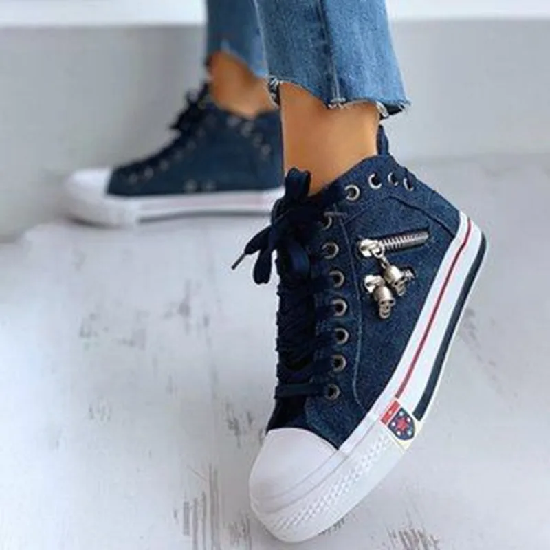 Vulcanize Shoes Women Canvas Chic High Top Denim Leisure Footwear Womens All-match Flat Zipper Walkin Korean Ladies Breathable