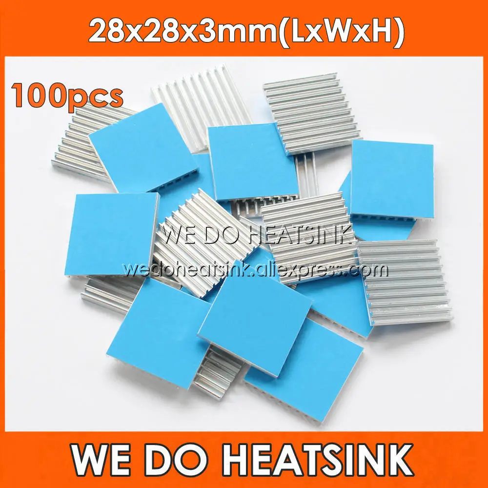 

WE DO HEATSINK 100pcs 28x28x3mm Aluminum CPU IC Heatsink Cooler With Thermally Conductive Adhesive Transfer Tape