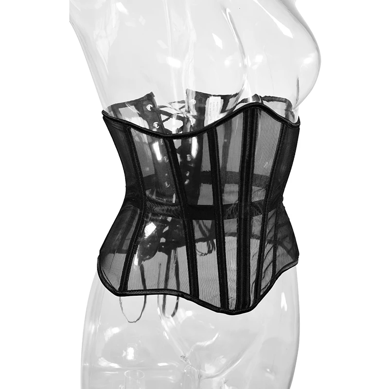 Beaushare Women Waist Trainer Sexy Black Mesh Corset Goth Vintage Slim Body Belts Streetwear See Through Corset