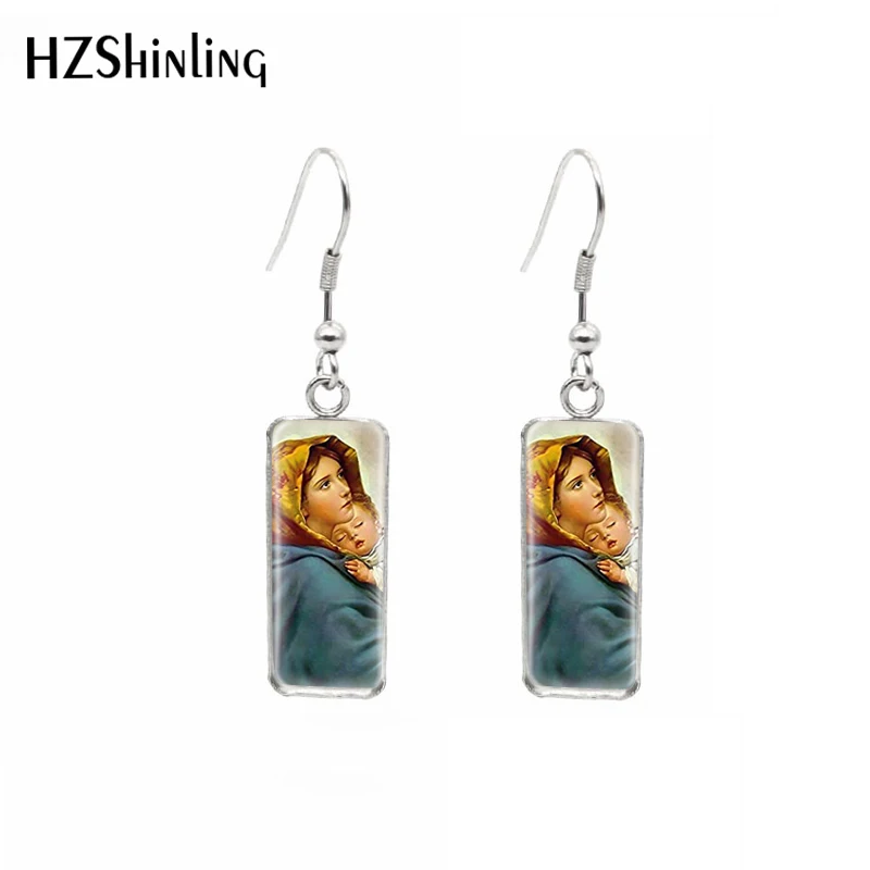 Mother Virgin Mary and Child Pattern Rectangle Hook Dangle Drop Earrings Glass Cabochon Ear Jewelry