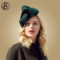 FS Fascinators Dla Kobiet Ślub 100% Wełna Fedora 2024 Kapelusze Kościelne Zielony Damski Kapelusz Pillbox Filcowy Kwiat Berety Czapka Chapeau Femme