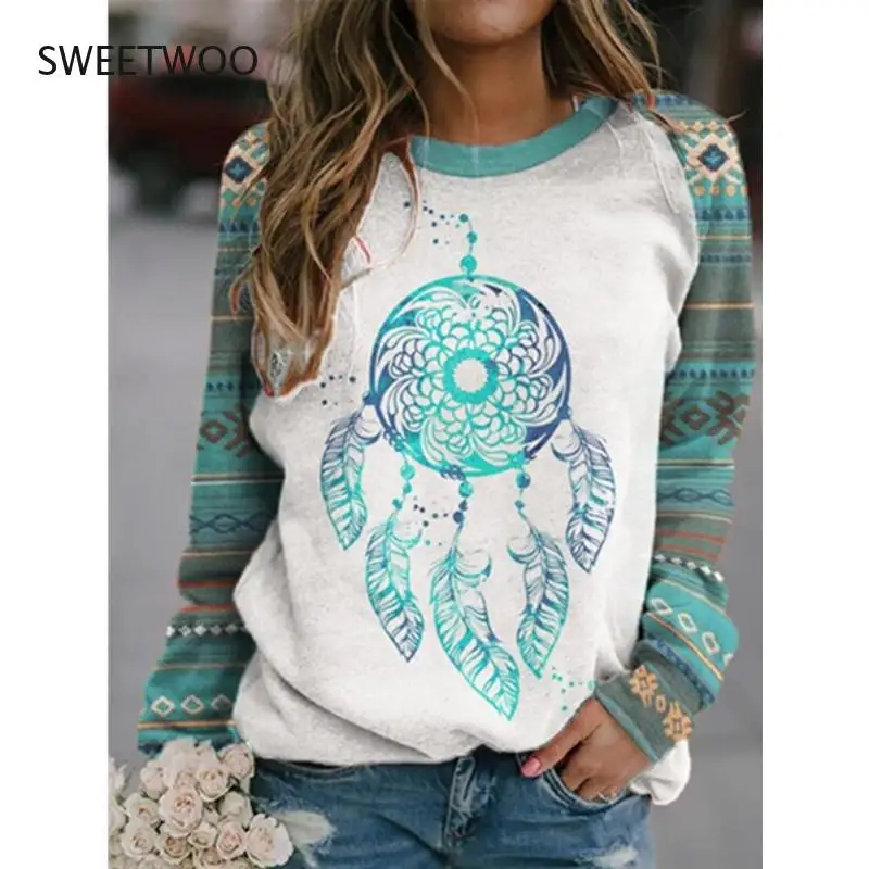 

Feather Printed Crewneck Women Sweatshirt Indie Thermal Long Sleeve Ethnic Pullovers Top O Neck Loose Girls Women Hoodie Winter