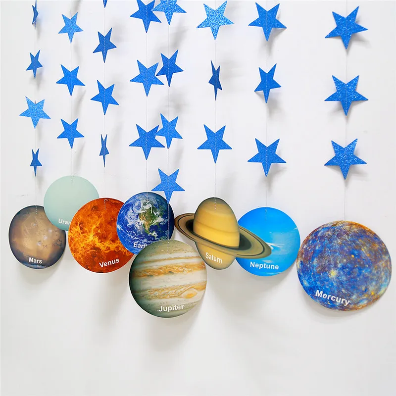 Universe Eight Planets Garlands Night Starry Sky Theme Banner Space Galaxy Happy Birthday Party Decor Kids Boys DIY Hanging Flag