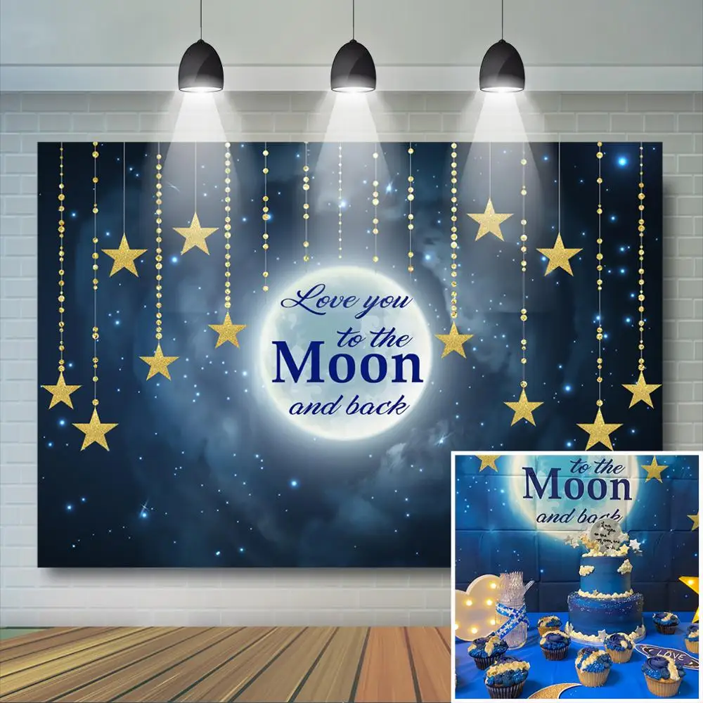 Twinkle Star Baby Dusche Hintergrund Liebe Dich zum Mond und Zurück Baby Dusche Hintergrund Jungen Raum Astronaut Geburtstag Paty decor