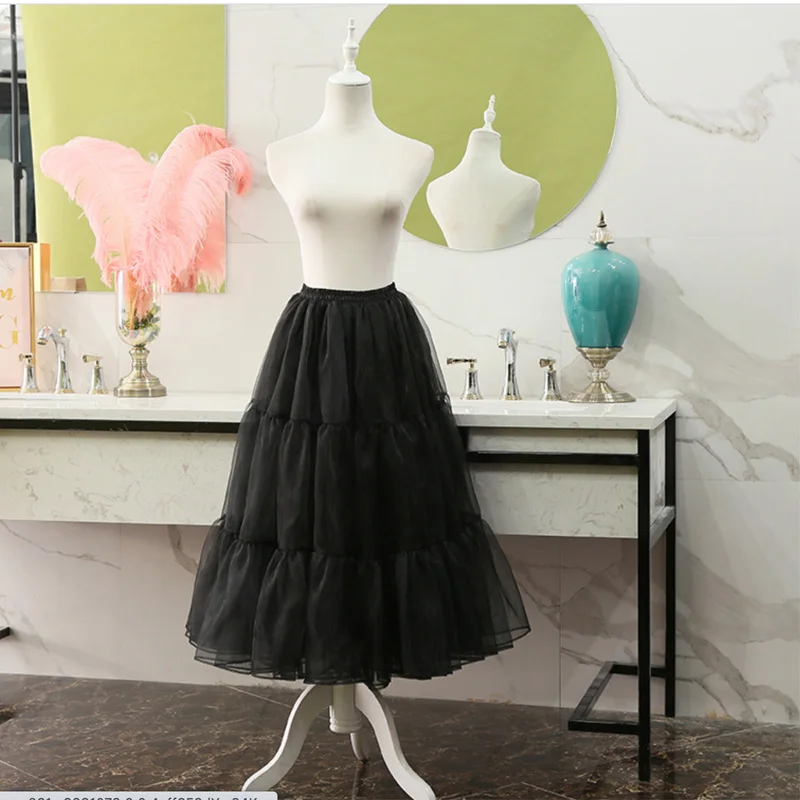 Rok dalam untuk pernikahan, Organza Lolita hitam putih 80cm rok bawah pengantin panjang Crinoline untuk gaun pernikahan