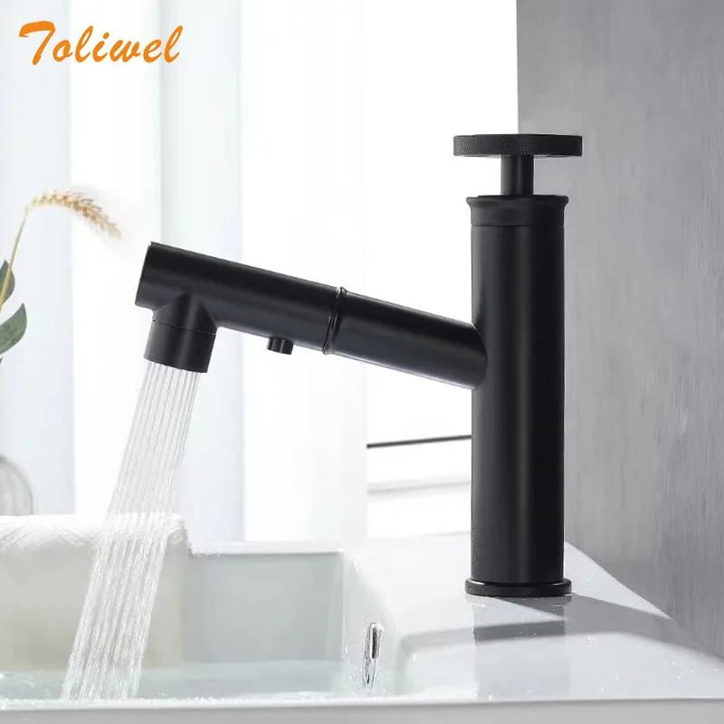 

Pull Out Brass Bathroom Faucet Lavatory Vessel Sink Basin Faucets Mixer Taps Cold Hot Water Black Industrial Style