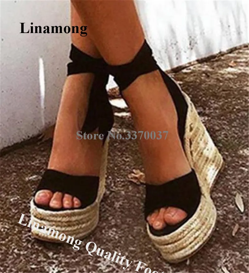 Linamong Summer Fashion Suede Leather High Platform Wedge Sandals Black Pink Beige Ankle Straps Bowtie Wedges Height Increased