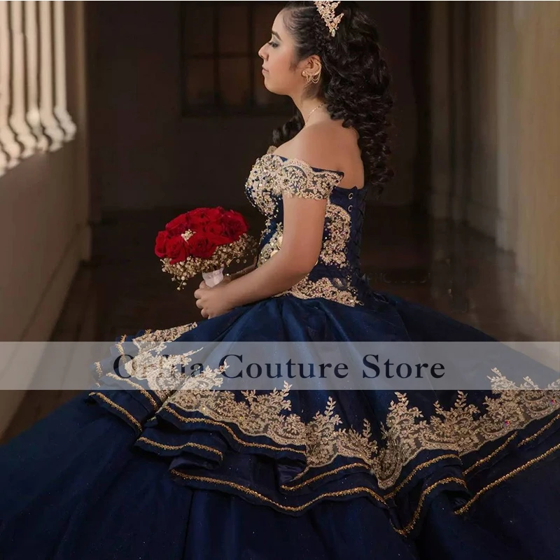 Vestido Quinceanera azul marinho Abendkleid, Vestido de baile dourado, 2022