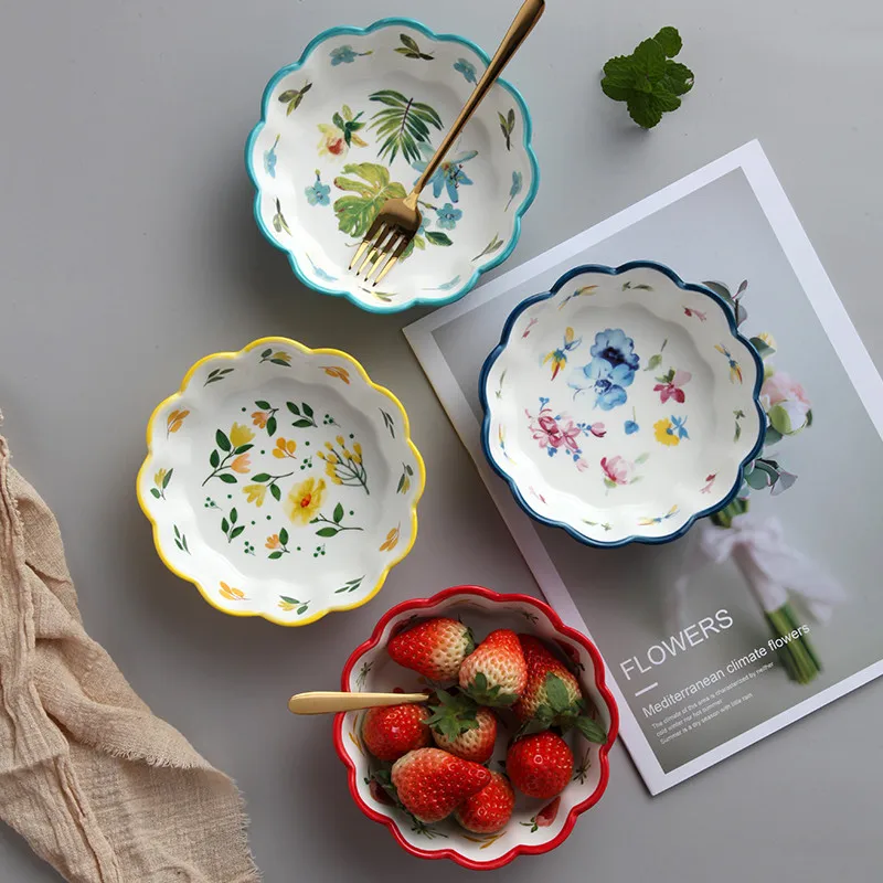 Nordic Simple Hand-painted Ceramic Salad Cake Bowl Colorful Porcelain Soup Fruit Bowl Lace Rice Dessert Snack Bowl Tableware