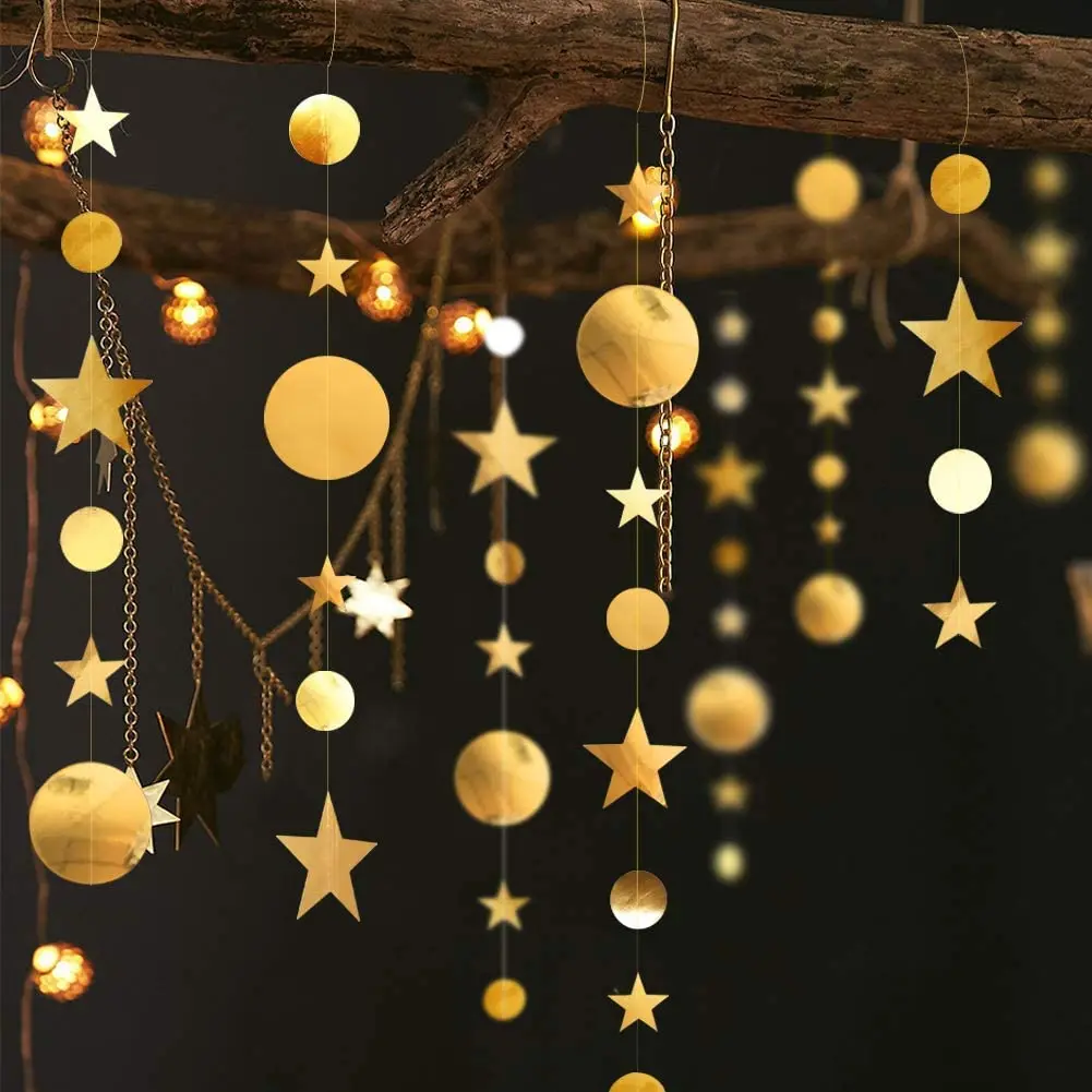 Guirnaldas de fiesta de estrellas y luna colgantes para niños, decoración de cumpleaños, Baby Shower, Ramadán, EID, 13 pies de oro brillante,