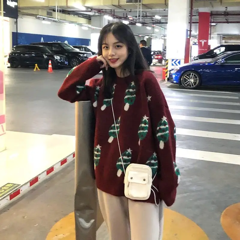 

Christmas Clothing Pullovers Womens O-Neck Print Thick Winter Sweater Women Knitted Tops Vintage Korean Style Casual Daily Chic