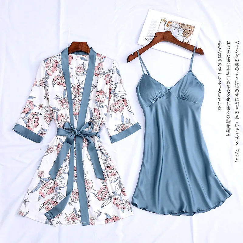 Women Satin Sexy Sets Ladies Nightgown Print Two-pieces Silk Sleepwear Robe+Nightdress Lounge Sets Pijama