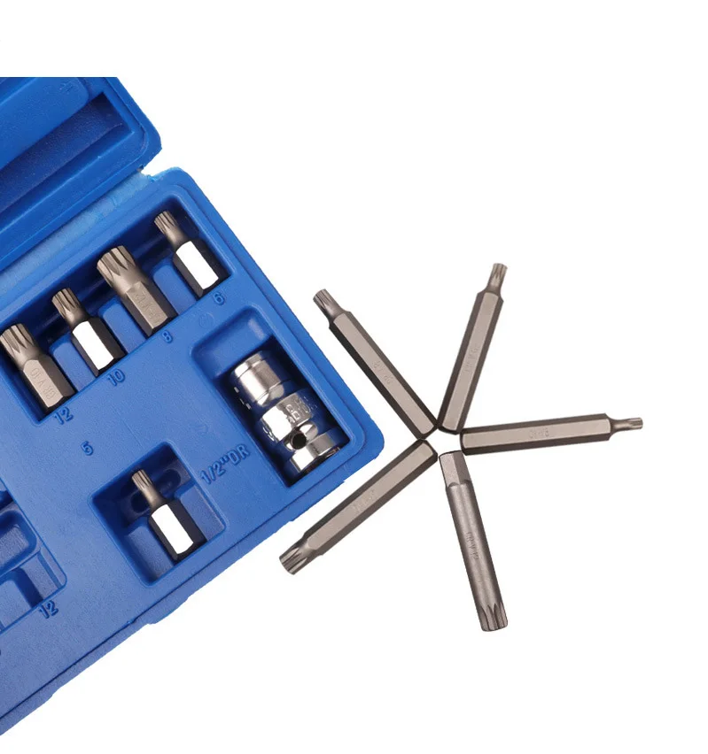 11pcs Chrome Vanadium Steel 12 Point Spline Screwdriver Bit Set Including 10pcs Spline Bits and 1pc 1/2inch Drive Socket Adaptor