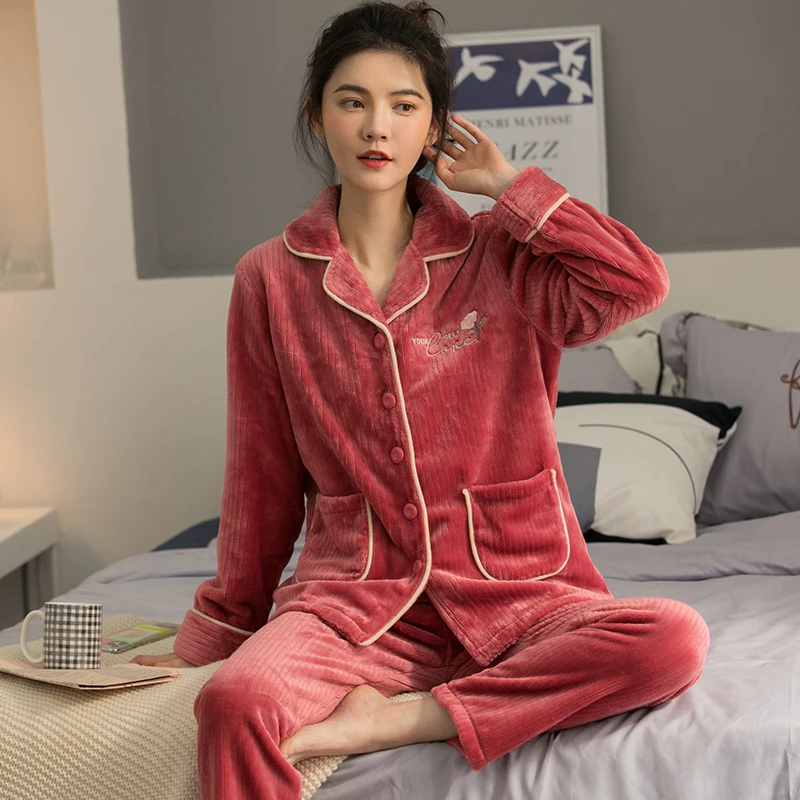 M-3XL Winter Warm Pajama Sets for Women Home Satin Sleepwear Flannel Soft  Nightwear